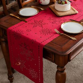 ARTABLE Christmas Table Runner Burgundy Hollow Snowflakes with Laser Die-Cut Exquisite Rectangle Vintage Patterns Shabby Chic for Holiday Wedding Long Dinner Tables Indoor Outdoo (16 x 84 Inch, Red)