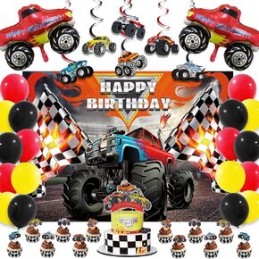 Monster Truck Birthday Decorations, Machines Jam Party Decoration Supplies include Truck Balloons Arch, Tablecloth, Backdrop, Cake Cupcake Toppers, Hanging Swirls, Flags, Truck Birthday Decor for Boys