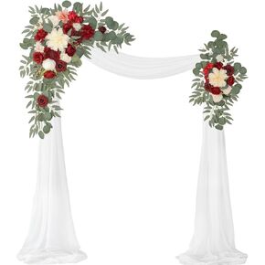 Artificial Wedding Arch Flowers Kit(Pack of 3),2Pcs Artificial Flower Arch Decor,1Pcs Sheer Drape for Wedding Ceremony Arbor for WeddingCeremony (Wine red Memory)