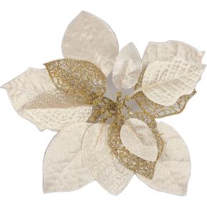 YYCRAFT 12pcs Silk Shinning Sprakled Glitter Poinsettia Artificial Flower for Xmas Tree Christmas Decorations(Cream/Gold,8 Inch)