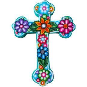 MXArtsCrafts Mexican cross hand painted with flowers, Aqua light blue color, Talavera style made in wood, Folk wall art crosses, Mexico colorful wall hanging decor home (Turquoise)