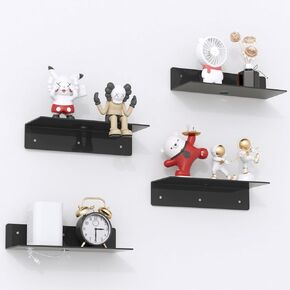 12" Black Acrylic Floating Shelves, 4 Pack Wall Shelf with Cable Clips, Small Floating Shelf for Expand Wall Display Space for Living Room, Bathroom, Gaming Room, Dorm Wall Decor