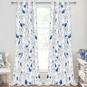 VERTKREA Blue Flower Watercolor Window Curtains, Blue and Gray Floral Curtains, Blue and White Grommet Drapes for Bedroom Living Room Kitchen Bathroom Nursery, Set of 2 Panels, 52 x 96 Inches