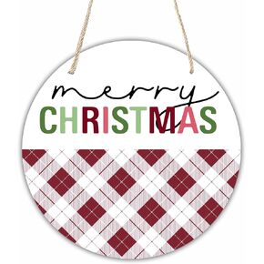 Christmas Circle Wooden Hanging Decorative Plaque - Merry Christmas - Welcome Sign for Home Front Door Wall Porch Decor - 10 Inches Rustic Round Art Hanging with Rope - A08