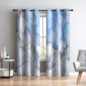Renaiss Blue and White Blackout Curtains Abstract Ocean Thermal Insulated Window Drapes for Bedroom 42W x 84L inches 2 Panel Set Luxury Liquid Marble Window Curtain Panels for Living Room