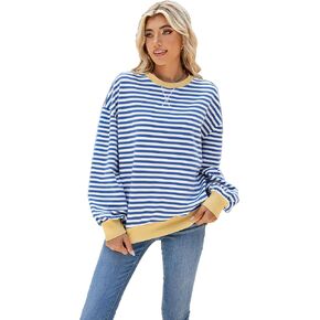 Lopie Women Sweatshirt Striped Long Sleeve Crew Neck Casual Loose Lightweight Comfy Pullover Shirt Tops