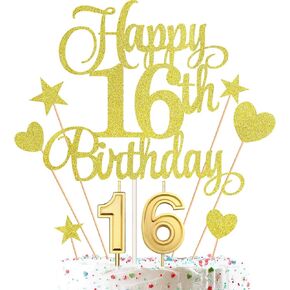 16th Birthday Cake Decorations Set Include 16th Birthday Candles Numeral 16 Cake Candles and Happy 16th Birthday Cake Toppers with Heart Star Cupcake Picks for Birthday Party (Black Series)