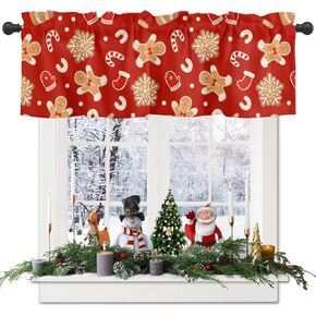 Christmas Curtain Valance for Window Cute Gingerbread Man Kithcen Valance Winter Snowflake Candy Gloves 54" x 18" Window Treatment Xmas Rod Pocket Valances for Living Room Red Valance Curtains