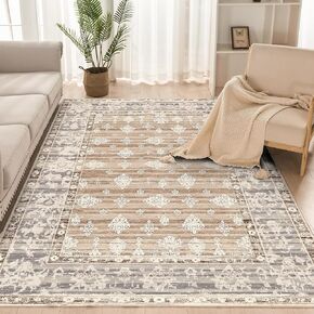 INGEROOM Area Rugs 6x9, Vintage Washable Rug for Living Room, Indoor Rugs for Bedroom, Dining Room, Ruggable Rugs for Entryway, Light Brown Rug with Grey Bordered