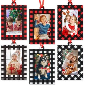 Yalikop 36 Pieces Christmas Picture Frame Ornaments Hanging Photo Frame Ornament Family Felt Hanging Photo Frames Red Buffalo Plaid Xmas Picture Frame for Christmas Trees Decoration (Cute Style)