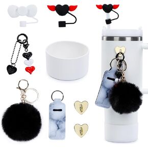 GNEGNI 8Pcs Accessories for Stanley Cup Set - Heart Charms, Silicone Boot, 10 mm Love Wings Straw Toppers, Chapstick Holder & Pompom Keychain Accessories for Stanley 30 oz 40 oz Tumbler