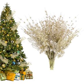 28 Pack Christmas Tree Picks and Sprays, Champagne Artificial Glitter Berry Stems Branches Picks Twigs Christmas Ornaments for Xmas Tree Tall Vase Filler Home Holiday Wedding Party Decor
