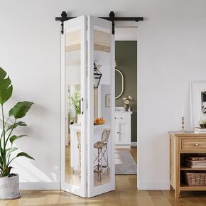 Bifold Barn Door 30"（15" x2） x 84", 1 Lites Mirror Panel with Sliding Hardware Kit Set, Pre-drilled Closet Door Slab, 34" Track for 2 Doors, MDF, White,Easy Installation