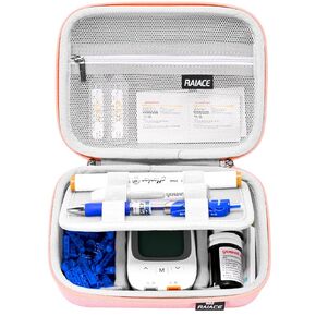 RAIACE Hard Storage Case for Diabetic Supplies, Bag fit for Glucose Meter, Insulin Pen, Glucose Monitor, Blood Sugar Test Strips,Lancets,. (for sale is case only)- Pink