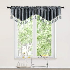 ELKCA Double-Sided Chenille Window Curtains Tier for Kitchen Ascot Valance Set for Living Room,Pack of 2(Grey, 52" W x 18" L)
