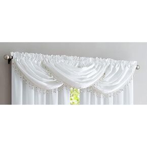 Crushed Satin Rod Pocket Panel and Waterfall Valance with Decorative Fringe Window Treatments, Curtain Set for Your Home, All Sold Separately (White, Valance - 48X37 Inches)