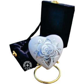 White Rose Keepsake Urn Mini Heart Cremation Urn for Human Ashes Adult & Funeral Burial for Adults and Infants with Premium Velvet Box & Brass Stand