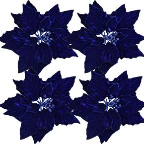 4Pack Christmas Poinsettia Decorations 9.8In Artificial Velvet Flowers for Christmas Tree Ornament DIY Wreath Xmas Party Home Supplies (Blue)