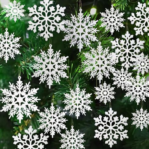 36 Pack White Snowflake Ornaments Plastic Glitter Snow Flakes Ornaments for Winter Christmas Tree Decorations Size Varies Craft Snowflakes in Kuwait