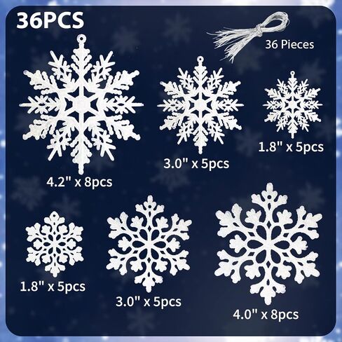36 Pack White Snowflake Ornaments Plastic Glitter Snow Flakes Ornaments for Winter Christmas Tree Decorations Size Varies Craft Snowflakes in Kuwait