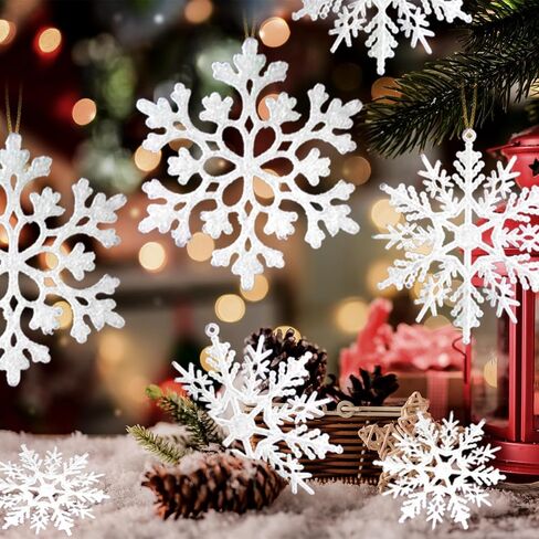 36 Pack White Snowflake Ornaments Plastic Glitter Snow Flakes Ornaments for Winter Christmas Tree Decorations Size Varies Craft Snowflakes in Kuwait