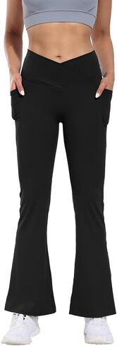 Flare High Waist Women Yoga Pant with Pockets Crossover Compression Workout Leggings Pet Hair Resistant in Saudi Arabia