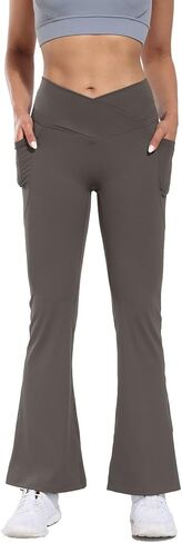 Flare High Waist Women Yoga Pant with Pockets Crossover Compression Workout Leggings Pet Hair Resistant in Saudi Arabia