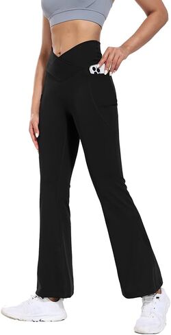 Flare High Waist Women Yoga Pant with Pockets Crossover Compression Workout Leggings Pet Hair Resistant in Saudi Arabia