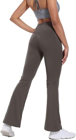 Flare High Waist Women Yoga Pant with Pockets Crossover Compression Workout Leggings Pet Hair Resistant in Saudi Arabia