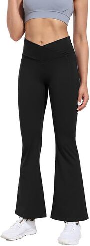 Flare High Waist Women Yoga Pant with Pockets Crossover Compression Workout Leggings Pet Hair Resistant in Saudi Arabia
