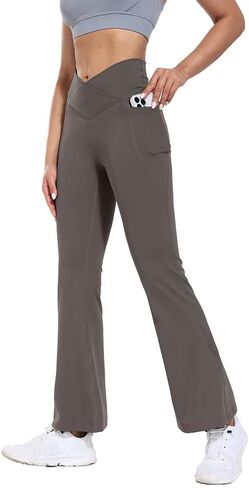 Flare High Waist Women Yoga Pant with Pockets Crossover Compression Workout Leggings Pet Hair Resistant in Saudi Arabia