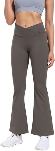 Flare High Waist Women Yoga Pant with Pockets Crossover Compression Workout Leggings Pet Hair Resistant in Saudi Arabia