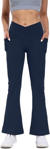 Flare High Waist Women Yoga Pant with Pockets Crossover Compression Workout Leggings Pet Hair Resistant in Saudi Arabia