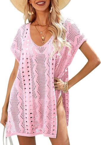 Dokotoo Women's Crochet Cover Up Swimwear Beachwear Scoop Neck Short Sleeve Mini Dress Beach Dress Crochet Coverups for Women in Saudi Arabia