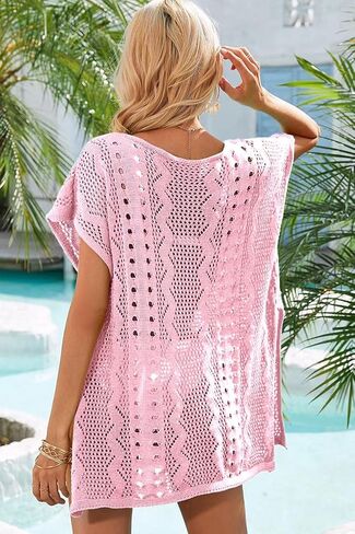 Dokotoo Women's Crochet Cover Up Swimwear Beachwear Scoop Neck Short Sleeve Mini Dress Beach Dress Crochet Coverups for Women in Saudi Arabia