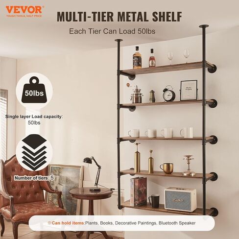 VEVOR Industrial Pipe Shelf, 5 Tier 2PCS, 9.84in Applicable Board Width Wall-Mount Floating Rustic Wood Shelves Bracket Bookshelf,Storage Holder for Kitchen Bedroom Bathroom, (Planks NOT Included) in Saudi Arabia