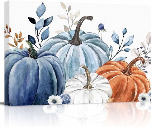 Fall Canvas Wall Art - Thanksgiving Blue Leaves Pumpkin White Background - Modern Wall Decor Gallery Canvas Wraps Giclee Print Stretched and Framed Ready to Hang - 16" x 20" in Saudi Arabia
