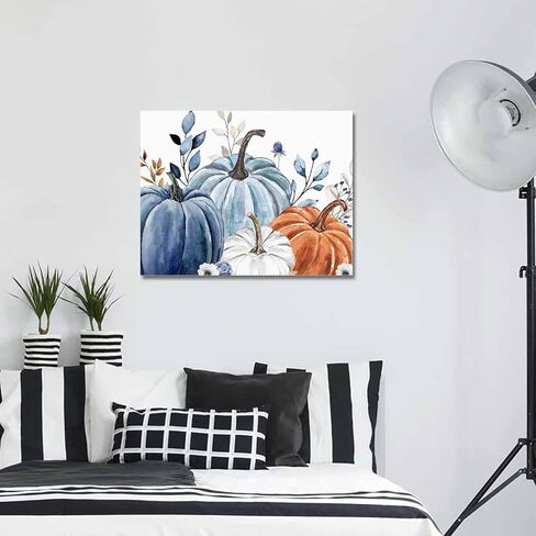Fall Canvas Wall Art - Thanksgiving Blue Leaves Pumpkin White Background - Modern Wall Decor Gallery Canvas Wraps Giclee Print Stretched and Framed Ready to Hang - 16" x 20" in Saudi Arabia
