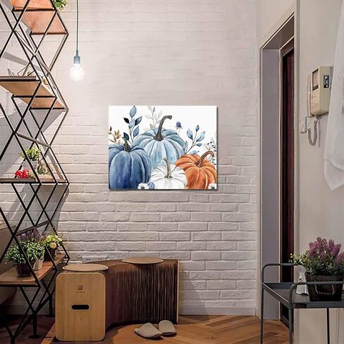 Fall Canvas Wall Art - Thanksgiving Blue Leaves Pumpkin White Background - Modern Wall Decor Gallery Canvas Wraps Giclee Print Stretched and Framed Ready to Hang - 16" x 20" in Saudi Arabia