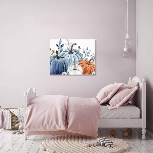 Fall Canvas Wall Art - Thanksgiving Blue Leaves Pumpkin White Background - Modern Wall Decor Gallery Canvas Wraps Giclee Print Stretched and Framed Ready to Hang - 16" x 20" in Saudi Arabia