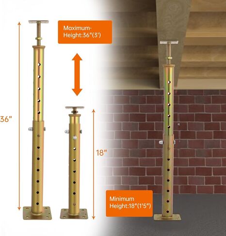 2 Pcs Adjustable House Floor Jacks, 18"-36" (1'5"-3') Height Range, Heavy Duty Support Joist Beam Basement Jack Post Pole for Leveling, Maximum Height Capacity 5570lbs, Galvanized in Saudi Arabia