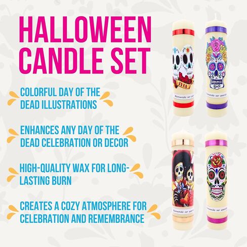 Halloween Candles Set of 4 Slow Burning Made of Premium Wax - Candles Dia de Los Muertos Candles - Day of The Dead Decorations for Altar - Dia de Muertos Decorations - Dia de Los Muertos Altar in Saudi Arabia