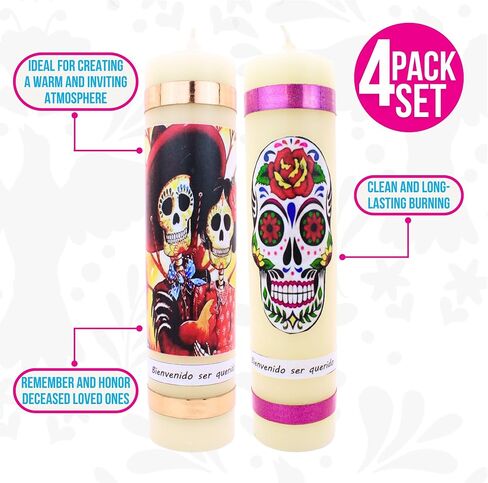 Halloween Candles Set of 4 Slow Burning Made of Premium Wax - Candles Dia de Los Muertos Candles - Day of The Dead Decorations for Altar - Dia de Muertos Decorations - Dia de Los Muertos Altar in Saudi Arabia