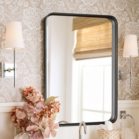 22 x 30 Inch Bathroom Mirror for Wall, Black Metal Framed Vanity Mirror for Over Sink, Matte Rounded Rectangle Wall Mirror, Modern Decorative for Bathroom, Farmhouse, Hangs Vertically or Horizontally in Saudi Arabia