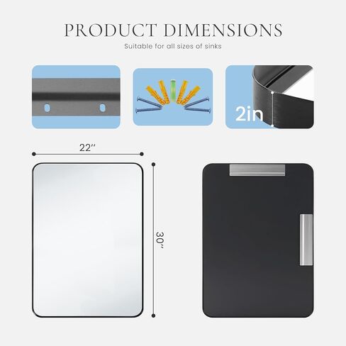 22 x 30 Inch Bathroom Mirror for Wall, Black Metal Framed Vanity Mirror for Over Sink, Matte Rounded Rectangle Wall Mirror, Modern Decorative for Bathroom, Farmhouse, Hangs Vertically or Horizontally in Saudi Arabia