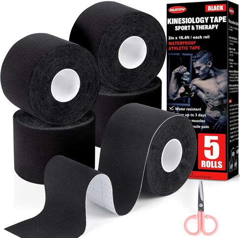 5 Rolls Waterproof Kinesiology Tape, 2 inch x 16.4 Feet Black Cotton Athletic Tape, Uncut Kinetic Tape, Elastic Muscle Tape, Sports Tape, Knee Tape for Exercise and Daily Use in Saudi Arabia