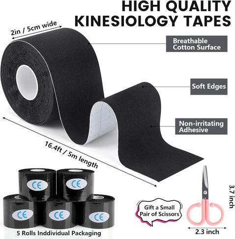 5 Rolls Waterproof Kinesiology Tape, 2 inch x 16.4 Feet Black Cotton Athletic Tape, Uncut Kinetic Tape, Elastic Muscle Tape, Sports Tape, Knee Tape for Exercise and Daily Use in Saudi Arabia