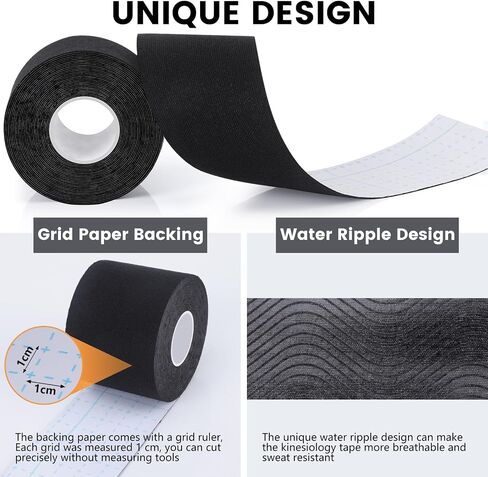 5 Rolls Waterproof Kinesiology Tape, 2 inch x 16.4 Feet Black Cotton Athletic Tape, Uncut Kinetic Tape, Elastic Muscle Tape, Sports Tape, Knee Tape for Exercise and Daily Use in Saudi Arabia