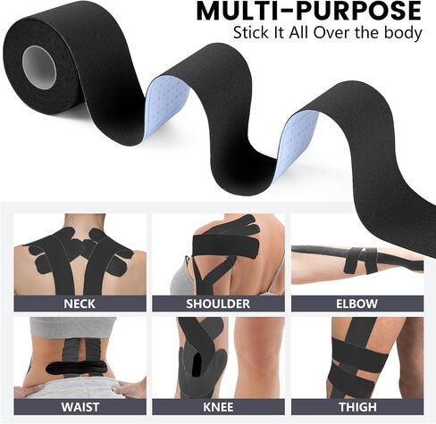 5 Rolls Waterproof Kinesiology Tape, 2 inch x 16.4 Feet Black Cotton Athletic Tape, Uncut Kinetic Tape, Elastic Muscle Tape, Sports Tape, Knee Tape for Exercise and Daily Use in Saudi Arabia