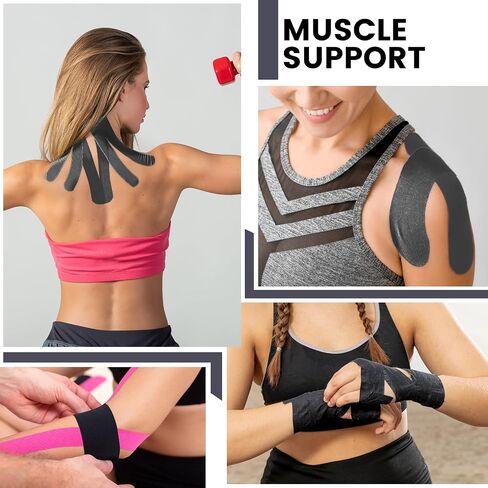 5 Rolls Waterproof Kinesiology Tape, 2 inch x 16.4 Feet Black Cotton Athletic Tape, Uncut Kinetic Tape, Elastic Muscle Tape, Sports Tape, Knee Tape for Exercise and Daily Use in Saudi Arabia